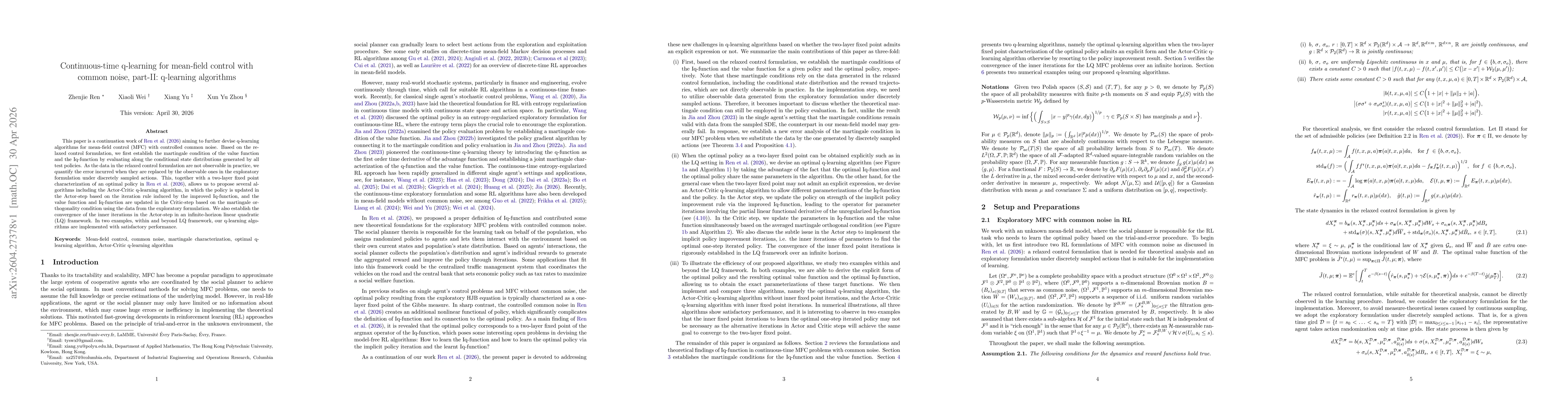 Thumbnail for Continuous-time q-learning for mean-field control with common noise, part-II: q-learning algorithms