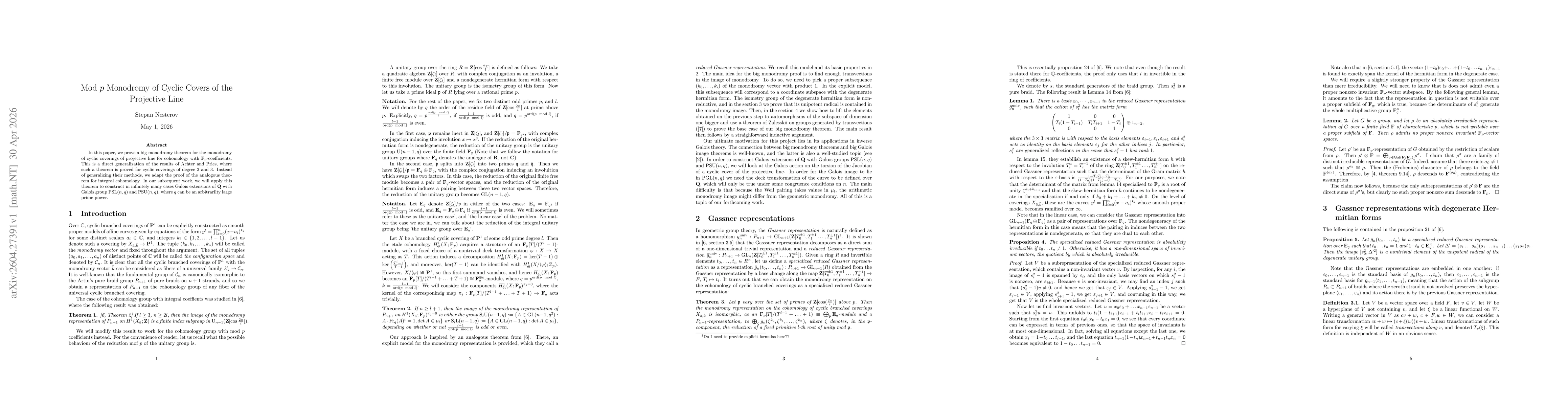 Thumbnail for Mod p Monodromy of Cyclic Covers of the Projective Line