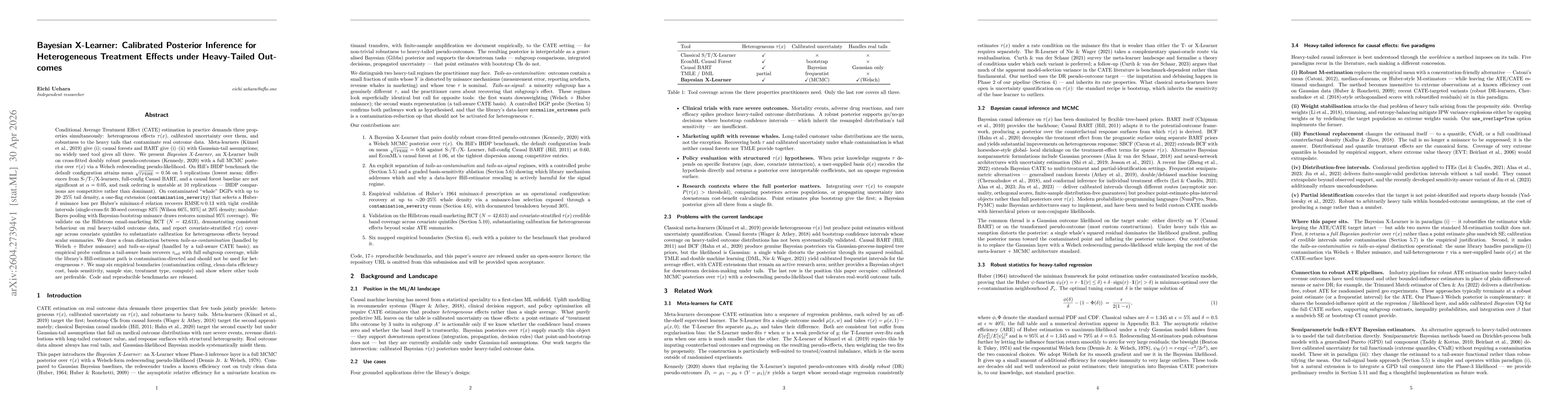 Thumbnail for Bayesian X-Learner: Calibrated Posterior Inference for Heterogeneous Treatment Effects under Heavy-Tailed Outcomes