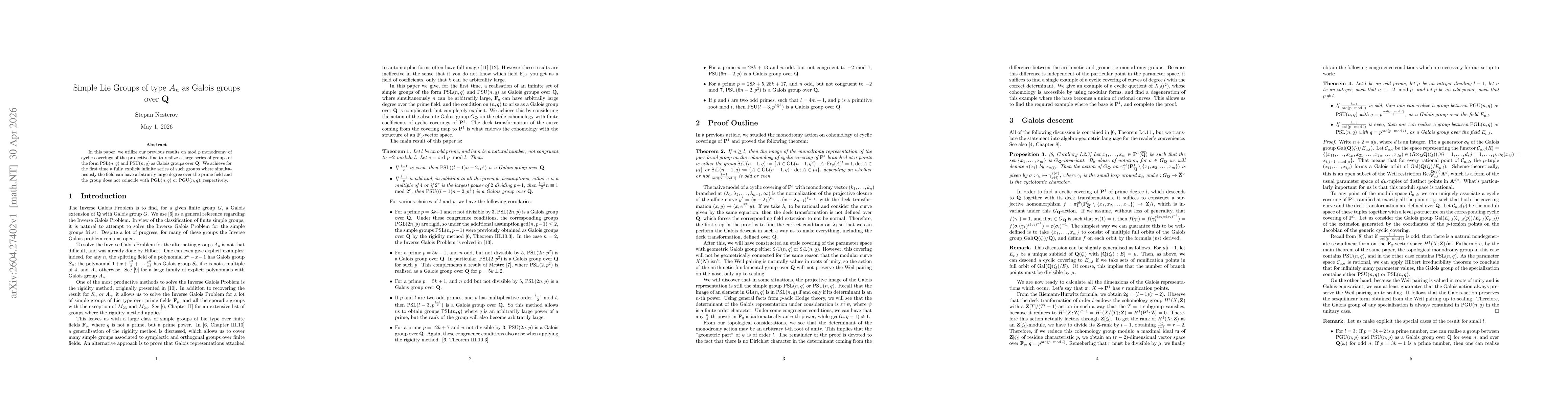 Thumbnail for Simple Lie Groups of type An as Galois groups over Q