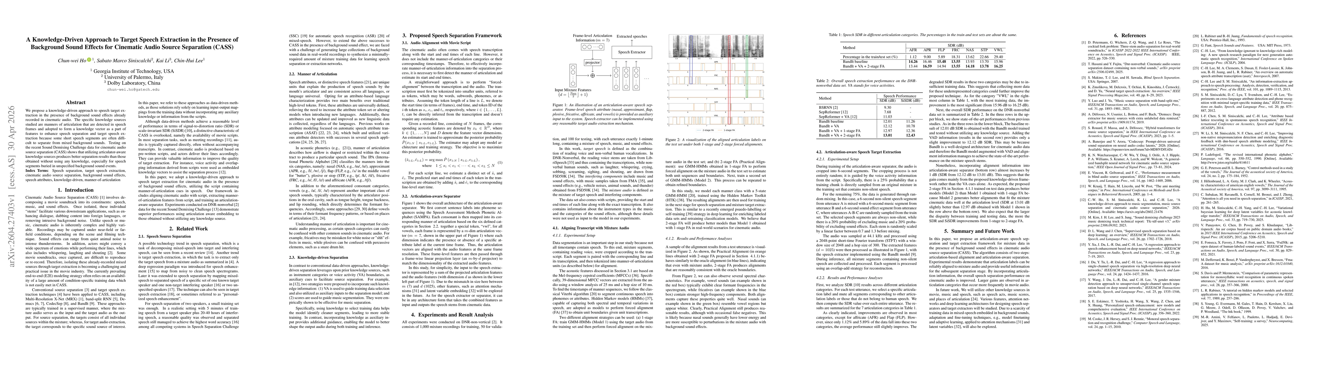 Thumbnail for A Knowledge-Driven Approach to Target Speech Extraction in the Presence of Background Sound Effects for Cinematic Audio Source Separation (CASS)