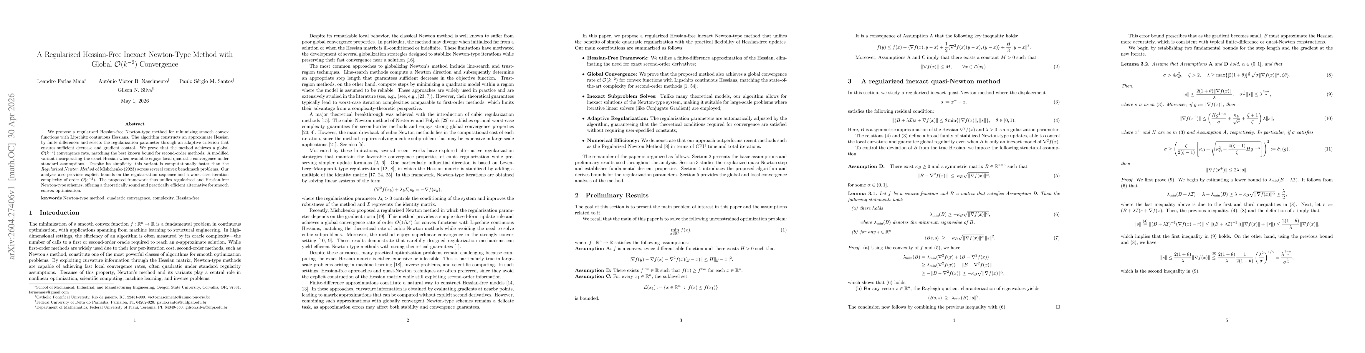 Thumbnail for A Regularized Hessian-Free Inexact Newton-Type Method with Global $\mathcal{O}(k^{-2})$ Convergence