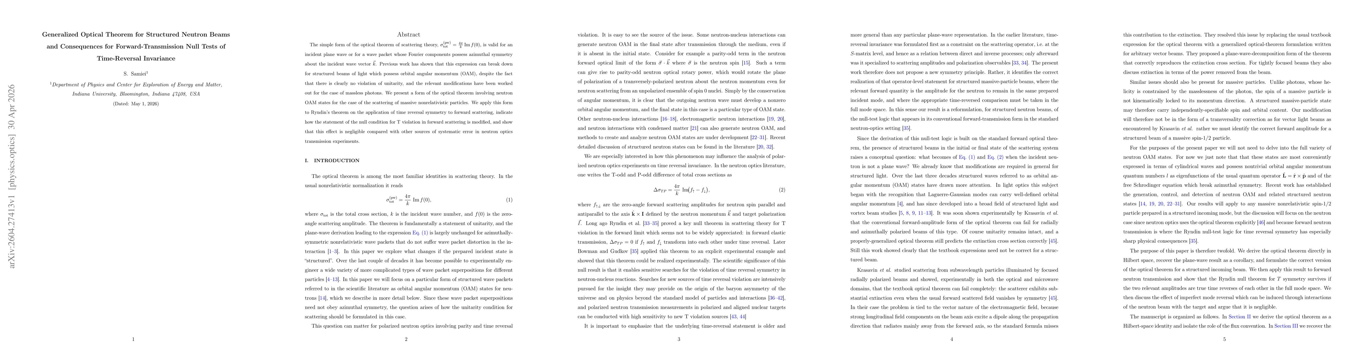 Thumbnail for Generalized Optical Theorem for Structured Neutron Beams and Consequences for Forward-Transmission Null Tests of Time-Reversal Invariance