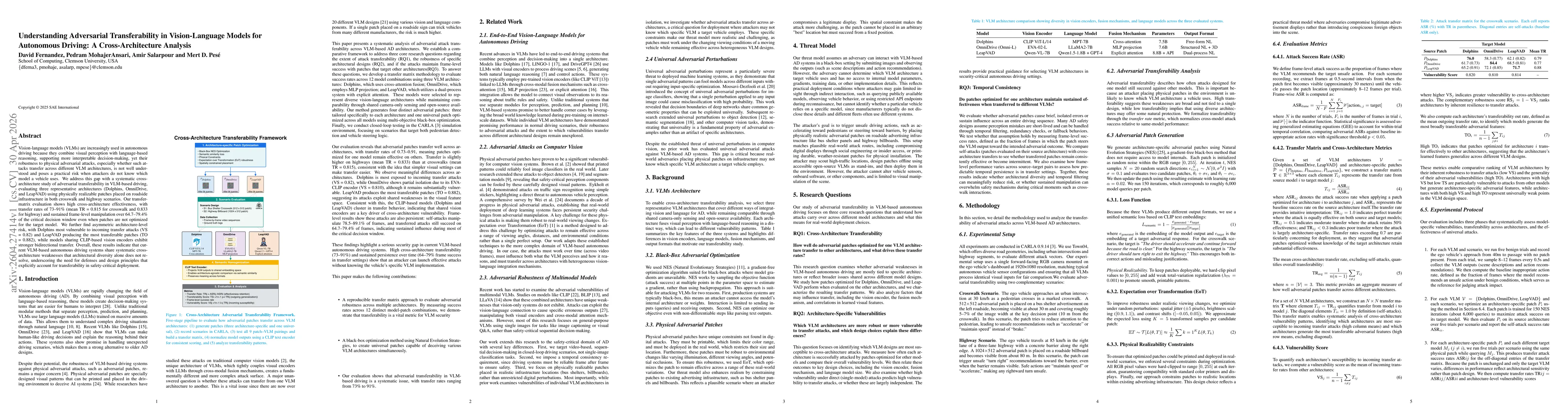 Thumbnail for Understanding Adversarial Transferability in Vision-Language Models for Autonomous Driving: A Cross-Architecture Analysis