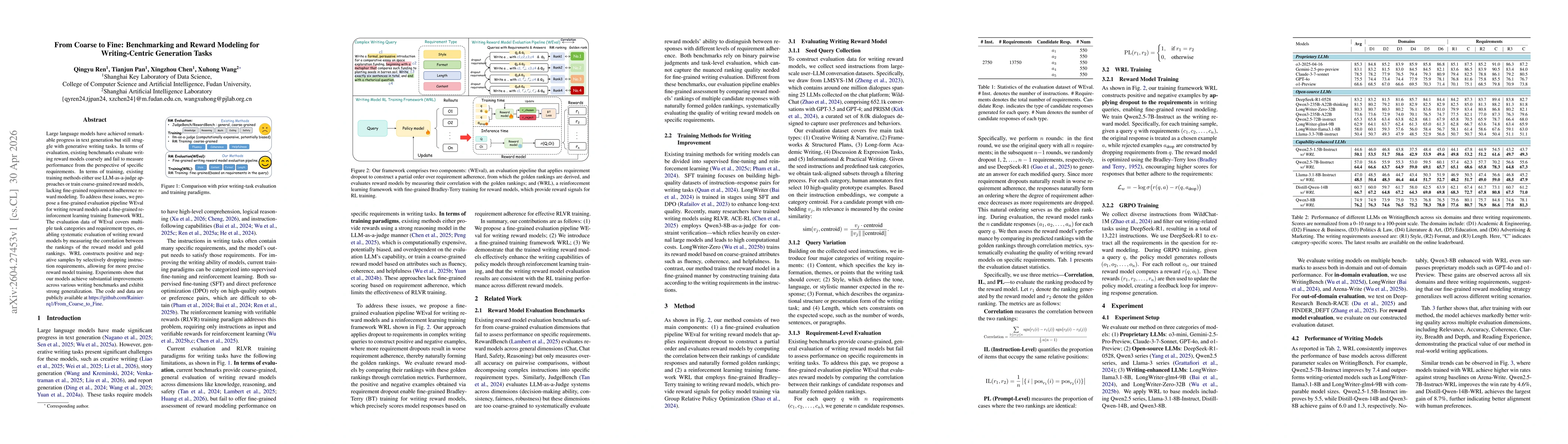 Thumbnail for From Coarse to Fine: Benchmarking and Reward Modeling for Writing-Centric Generation Tasks