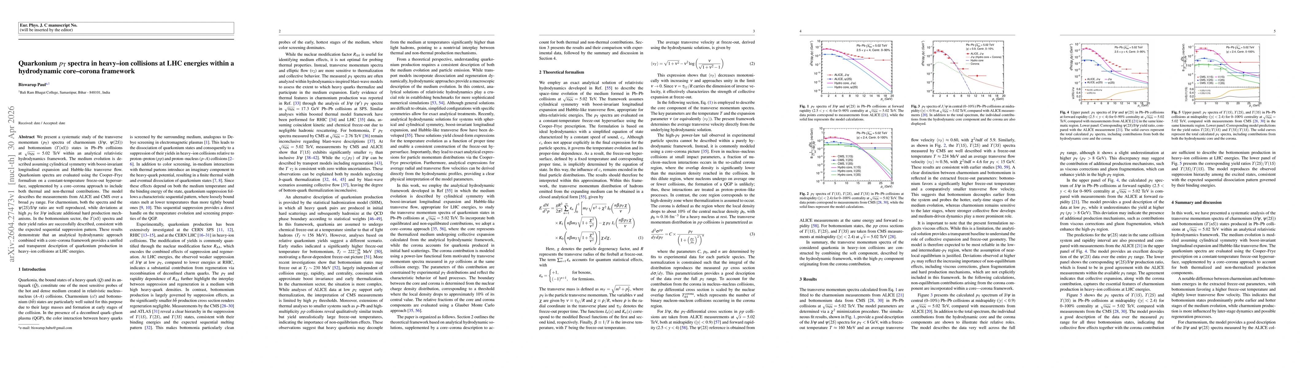 Thumbnail for Quarkonium $p_{\rm T}$ spectra in heavy--ion collisions at LHC energies within a hydrodynamic core--corona framework