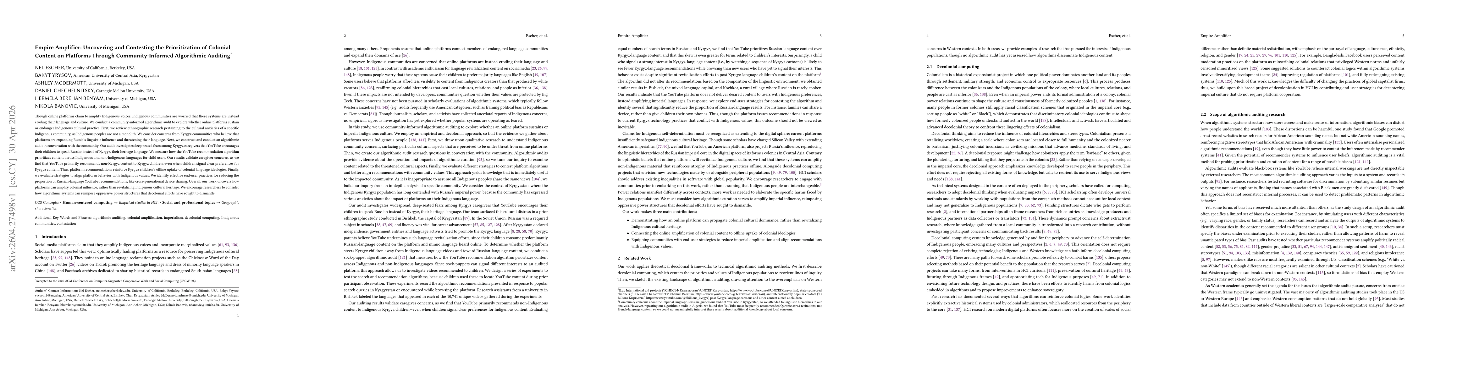 Thumbnail for Empire Amplifier: Uncovering and Contesting the Prioritization of Colonial Content on Platforms Through Community-Informed Algorithmic Auditing