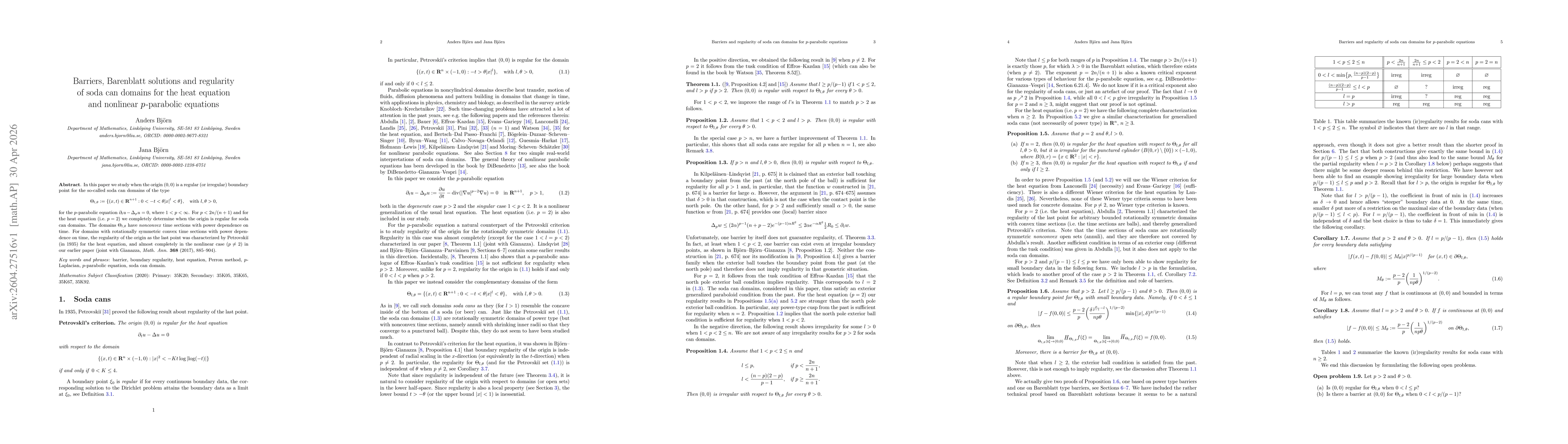 Thumbnail for Barriers, Barenblatt solutions and regularity of soda can domains for the heat equation and nonlinear $p$-parabolic equations