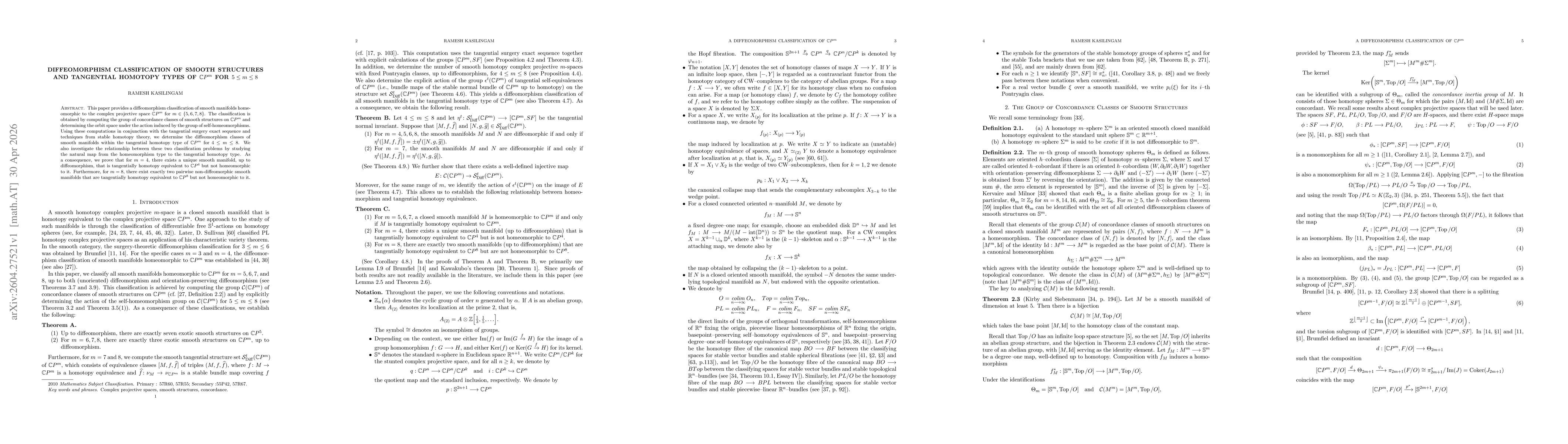 Thumbnail for Diffeomorphism Classification of Smooth Structures and Tangential Homotopy Types of $\mathbb{C}P^m$ for $5 \le m \le 8$