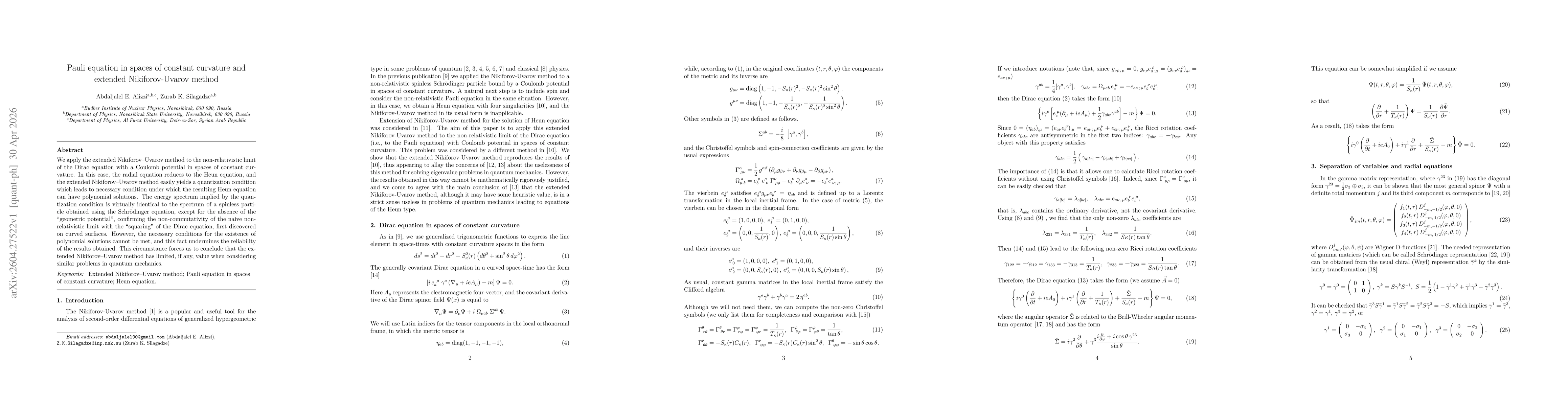 Thumbnail for Pauli equation in spaces of constant curvature and extended Nikiforov-Uvarov method