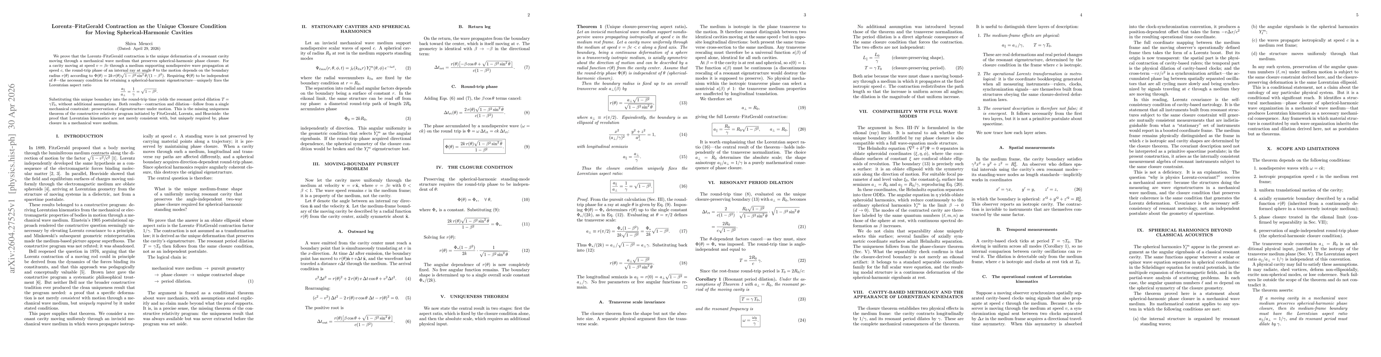 Thumbnail for Lorentz-FitzGerald Contraction as the Unique Closure Condition for Moving Spherical-Harmonic Cavities