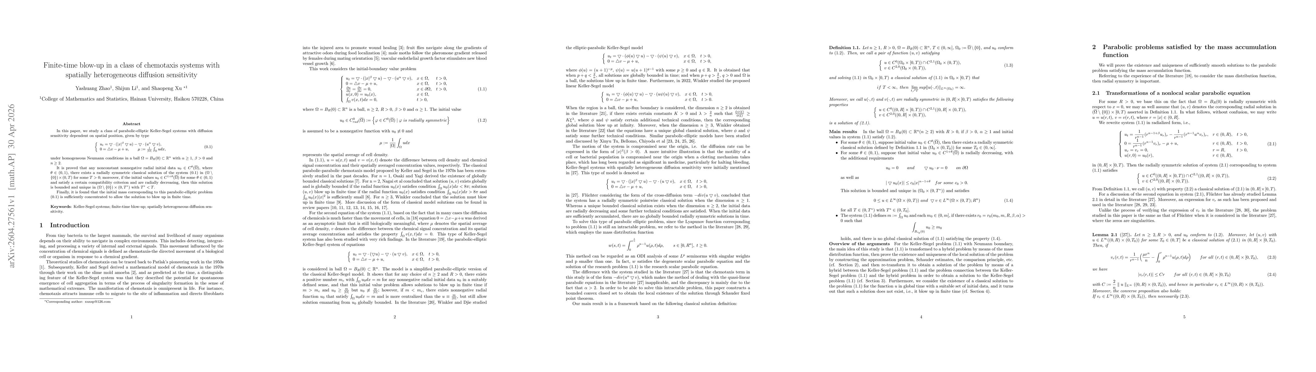 Thumbnail for Finite-time blow-up in a class of chemotaxis systems with spatially heterogeneous diffusion sensitivity