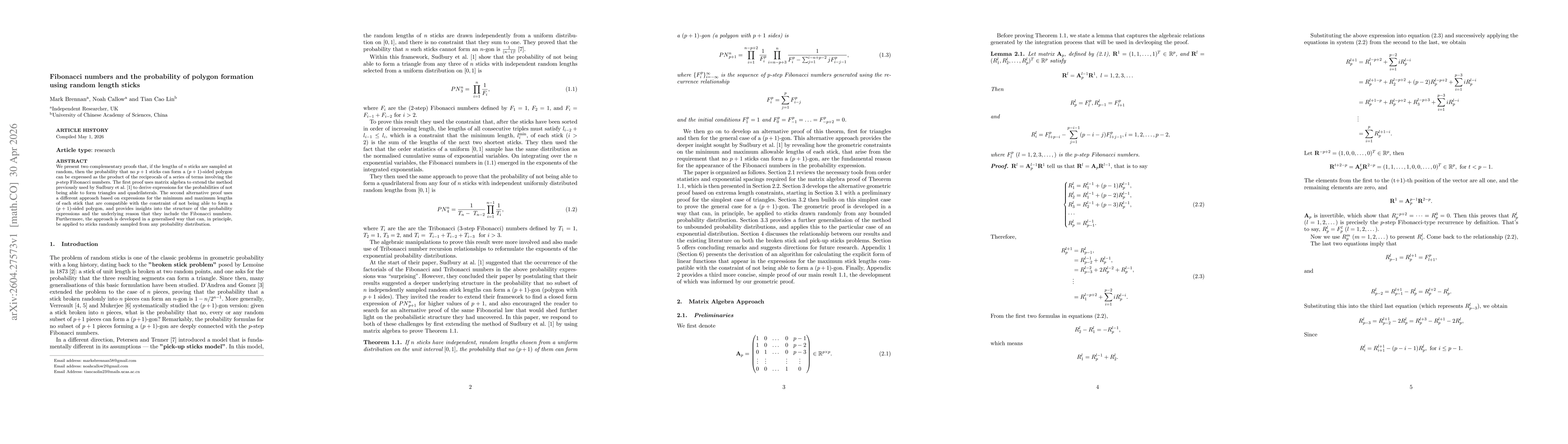 Thumbnail for Fibonacci numbers and the probability of polygon formation using random length sticks