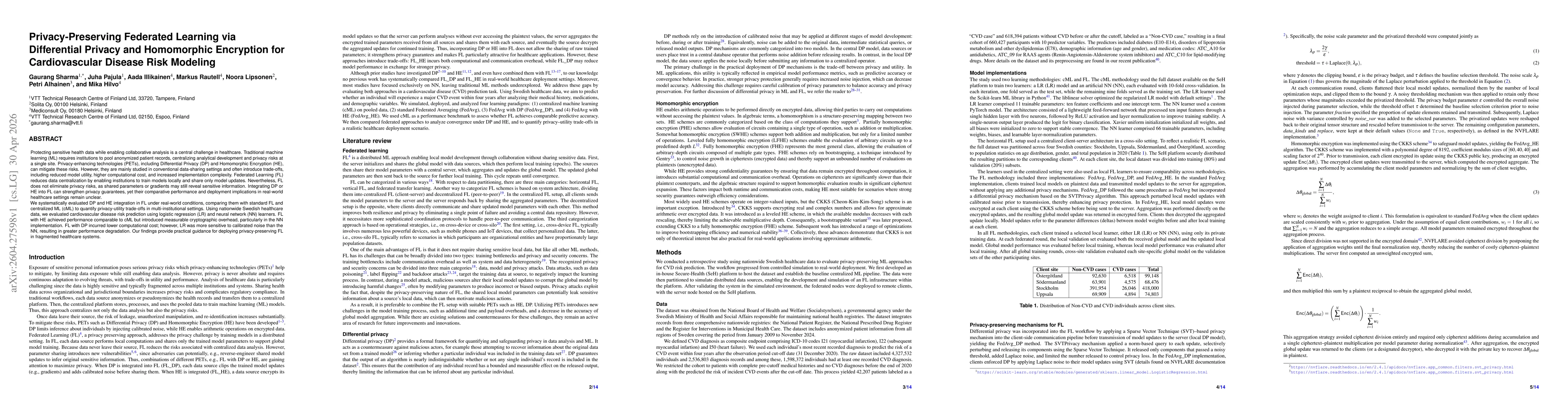 Thumbnail for Privacy-Preserving Federated Learning via Differential Privacy and Homomorphic Encryption for Cardiovascular Disease Risk Modeling