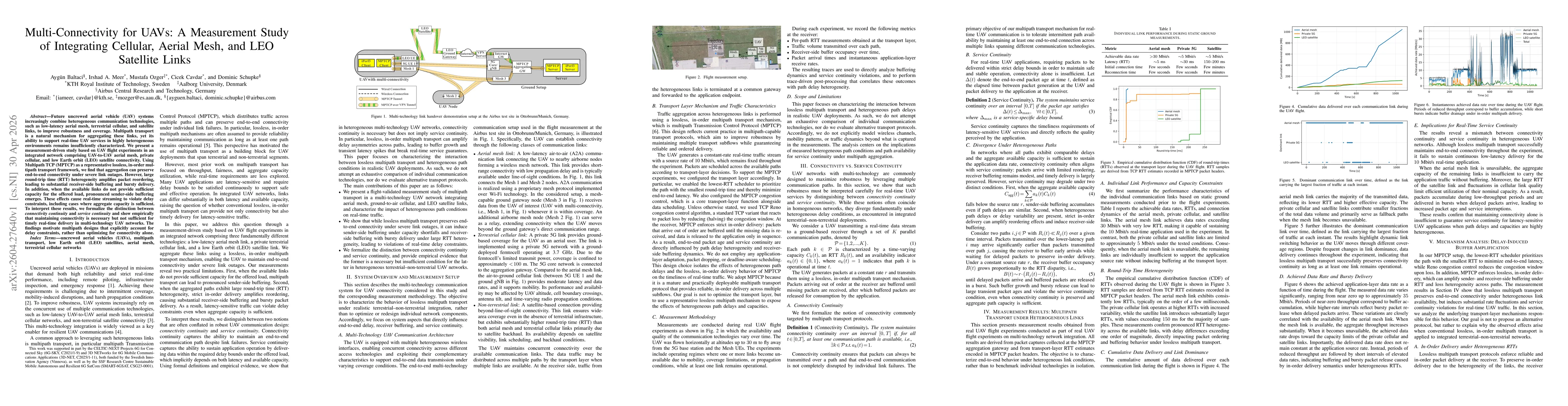Thumbnail for Multi-Connectivity for UAVs: A Measurement Study of Integrating Cellular, Aerial Mesh, and LEO Satellite Links