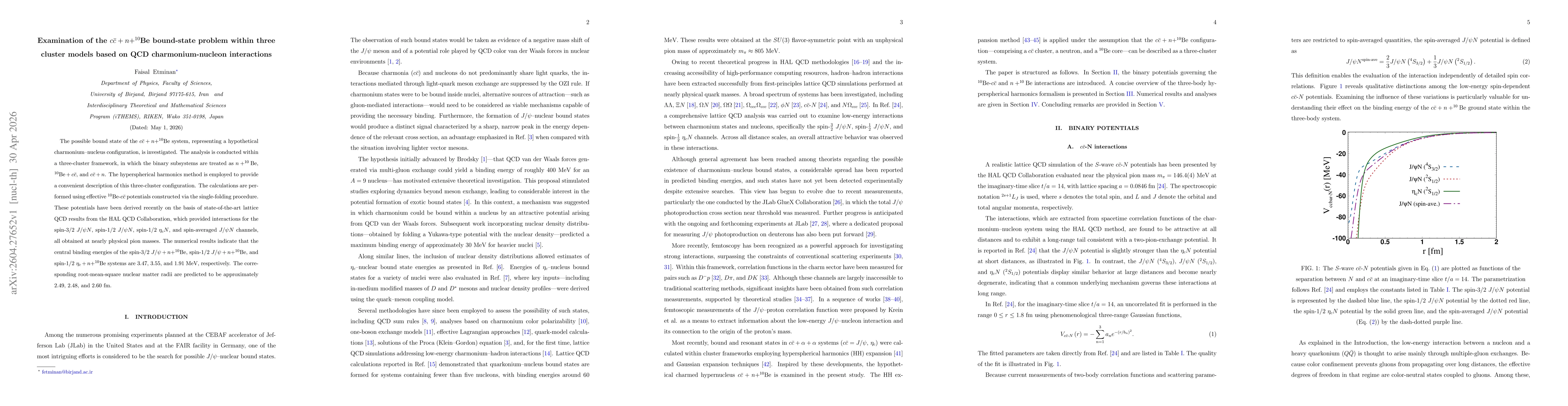 Thumbnail for Examination of the $c\bar{c}+n+^{10}$Be bound-state problem within three cluster models based on QCD charmonium-nucleon interactions