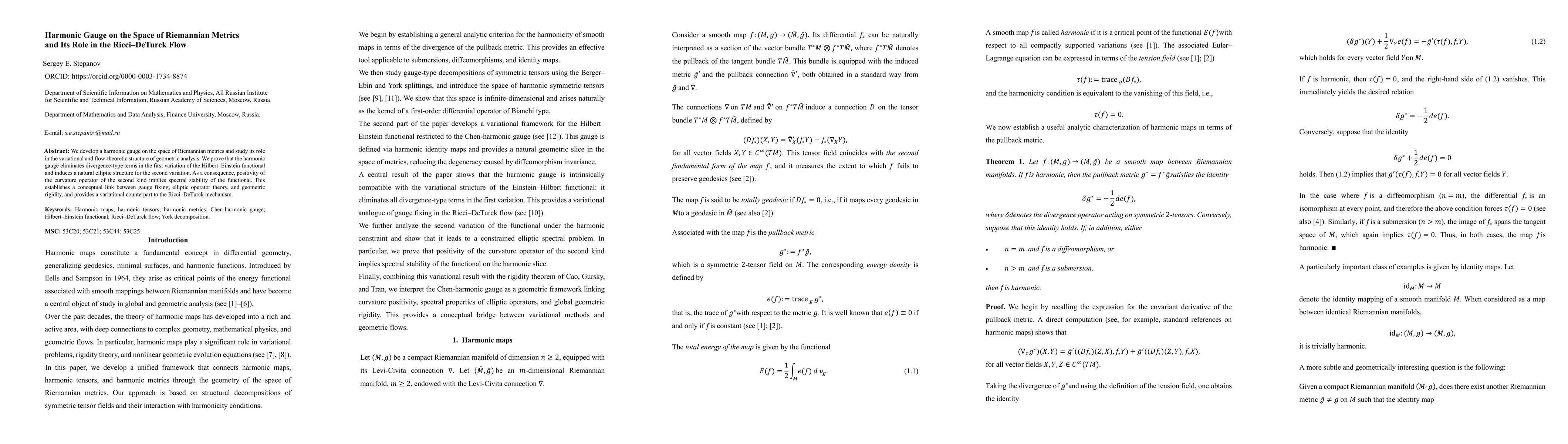 Thumbnail for Harmonic Gauge on the Space of Riemannian Metrics and Its Role in the Ricci-DeTurck Flow