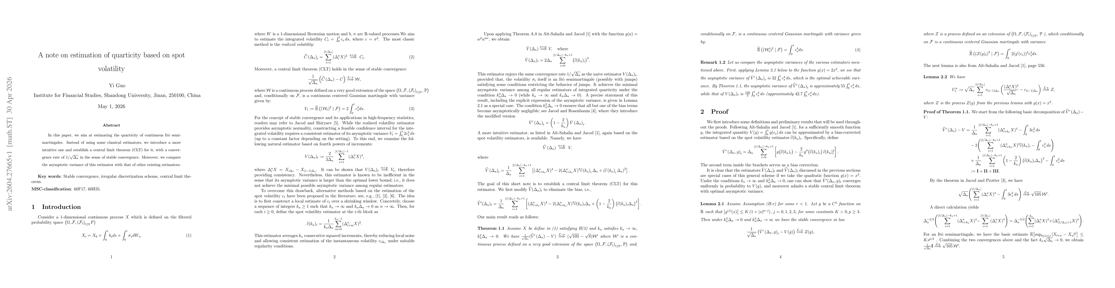 Thumbnail for A note on estimation of quarticity based on spot volatility