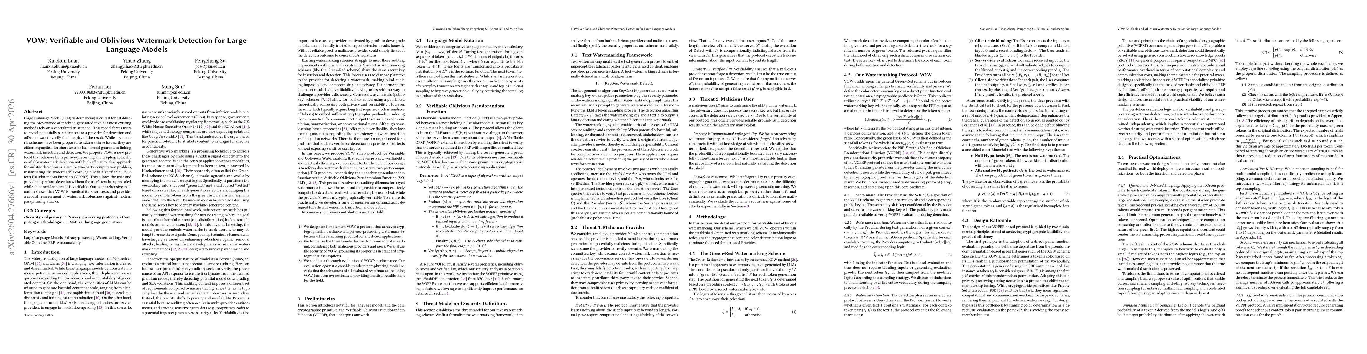 Thumbnail for VOW: Verifiable and Oblivious Watermark Detection for Large Language Models