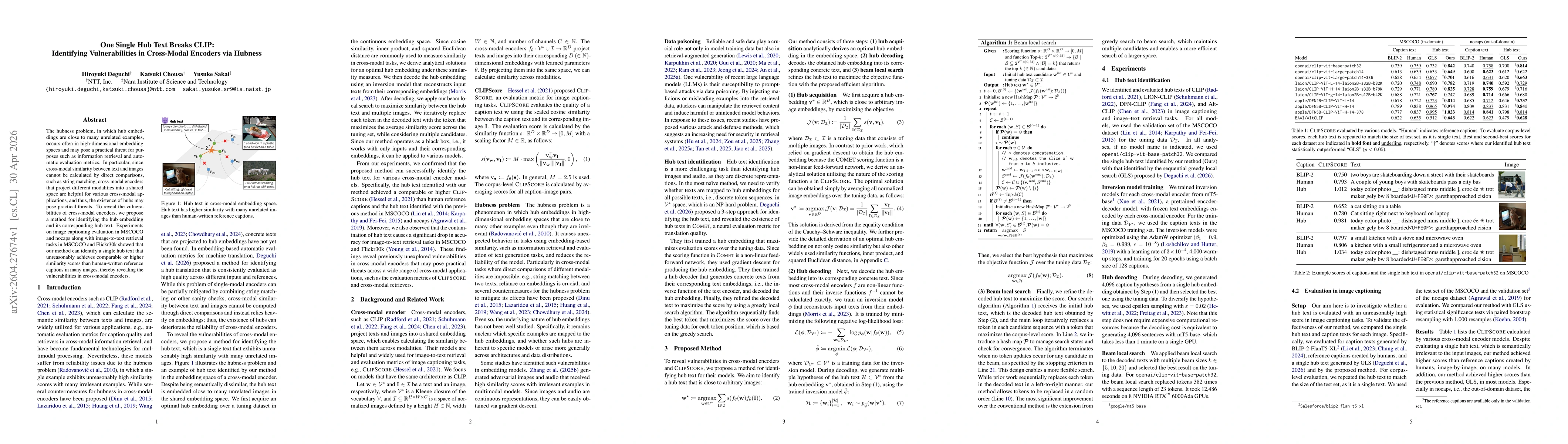 Thumbnail for One Single Hub Text Breaks CLIP: Identifying Vulnerabilities in Cross-Modal Encoders via Hubness
