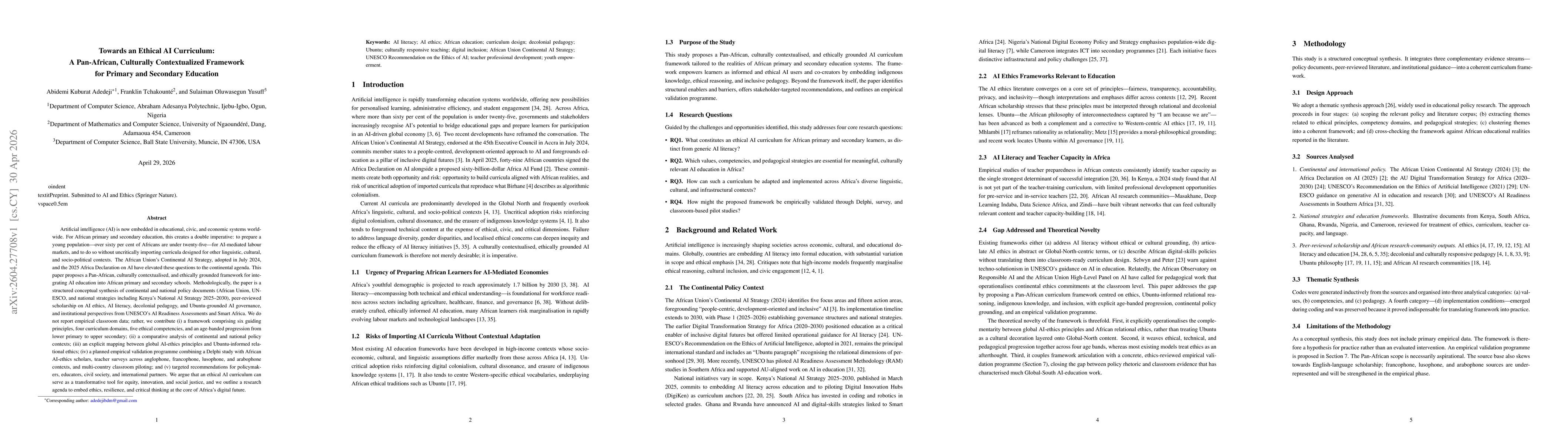 Thumbnail for Towards an Ethical AI Curriculum: A Pan-African, Culturally Contextualized Framework for Primary and Secondary Education