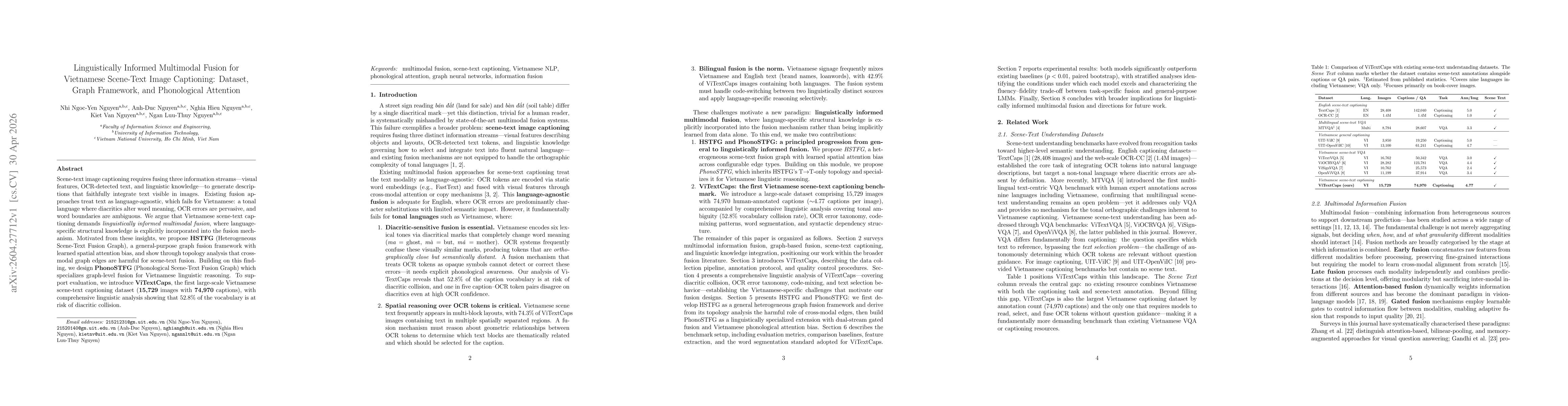 Thumbnail for Linguistically Informed Multimodal Fusion for Vietnamese Scene-Text Image Captioning: Dataset, Graph Framework, and Phonological Attention