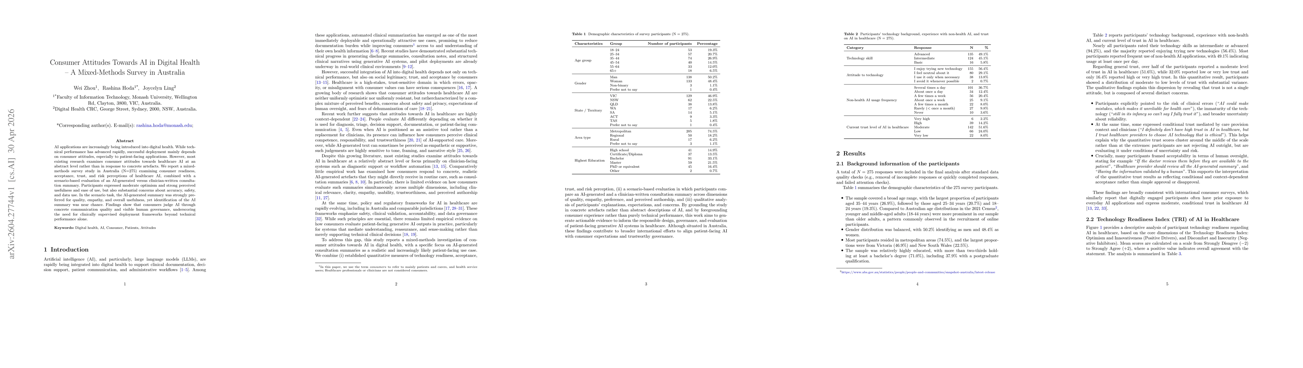 Thumbnail for Consumer Attitudes Towards AI in Digital Health: A Mixed-Methods Survey in Australia