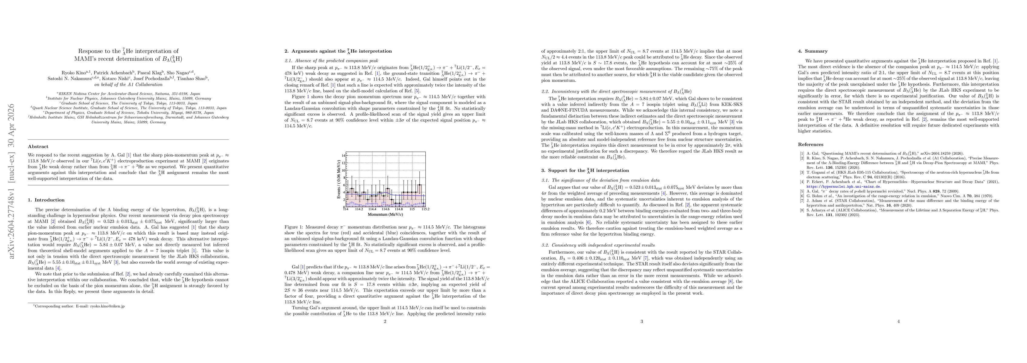 Thumbnail for Response to the $^7_Λ$He interpretation of MAMI's recent determination of $B_Λ(^3_Λ$H)