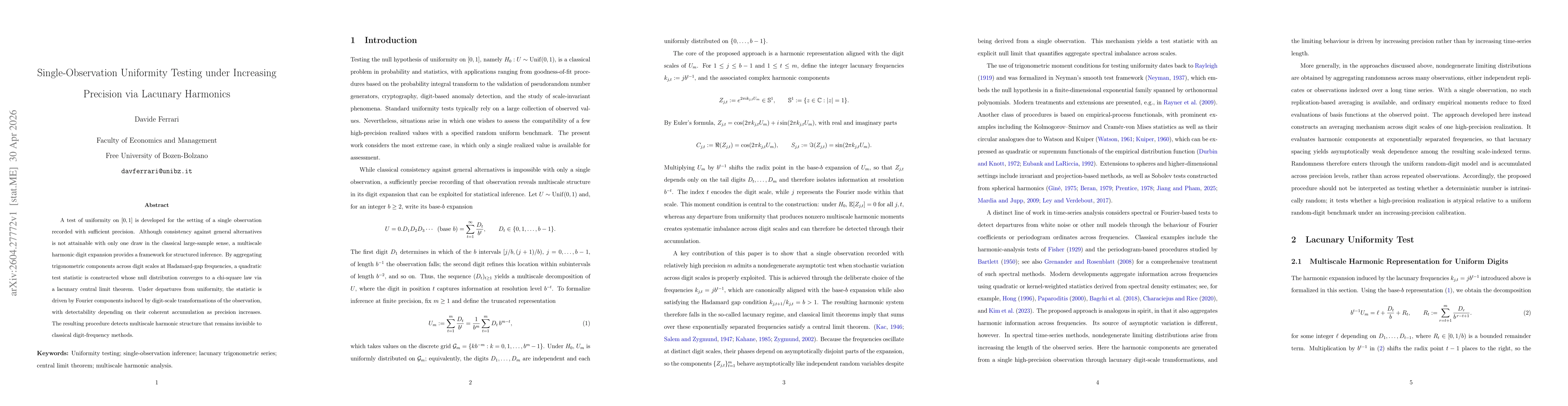Thumbnail for Single-Observation Uniformity Testing under Increasing Precision via Lacunary Harmonic