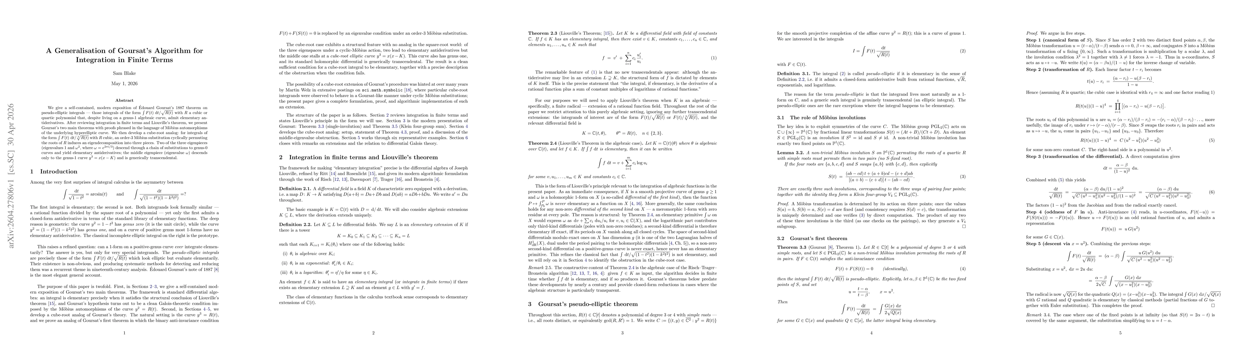 Thumbnail for A Generalisation of Goursat's Algorithm for Integration in Finite Terms