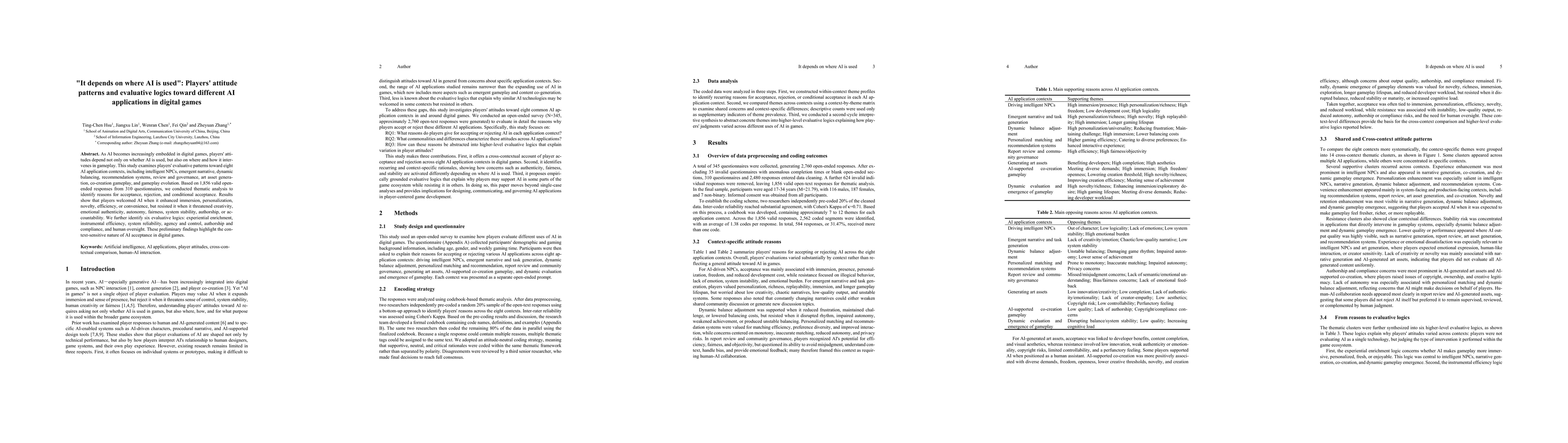 Thumbnail for "It depends on where AI is used": Players' attitude patterns and evaluative logics toward different AI applications in digital games