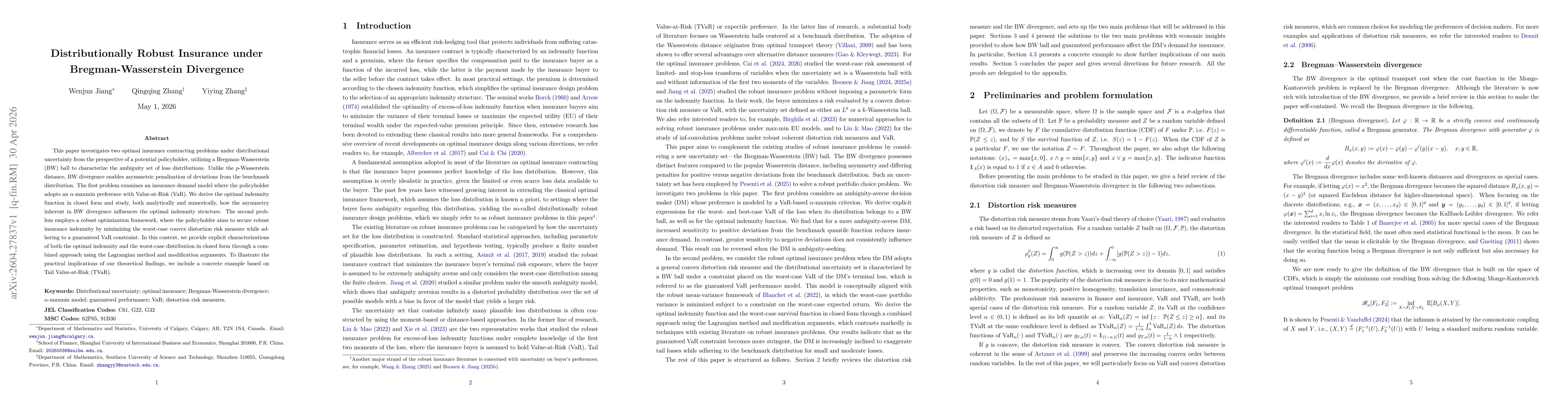 Thumbnail for Distributionally Robust Insurance under Bregman-Wasserstein Divergence