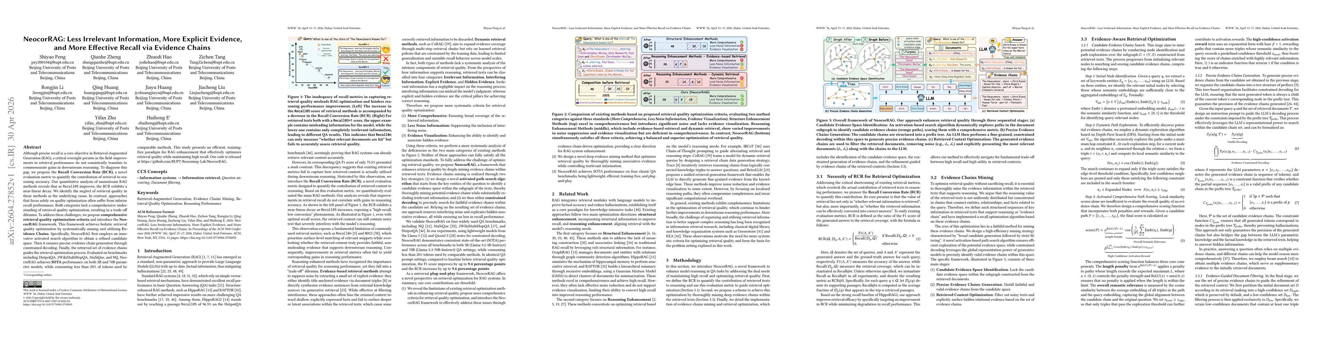 Thumbnail for NeocorRAG: Less Irrelevant Information, More Explicit Evidence, and More Effective Recall via Evidence Chains