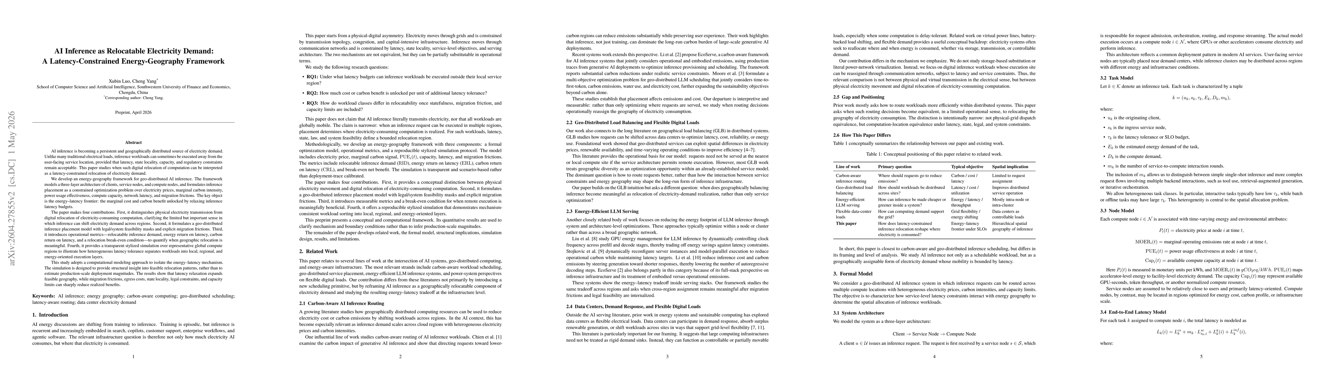 Thumbnail for AI Inference as Relocatable Electricity Demand: A Latency-Constrained Energy-Geography Framework