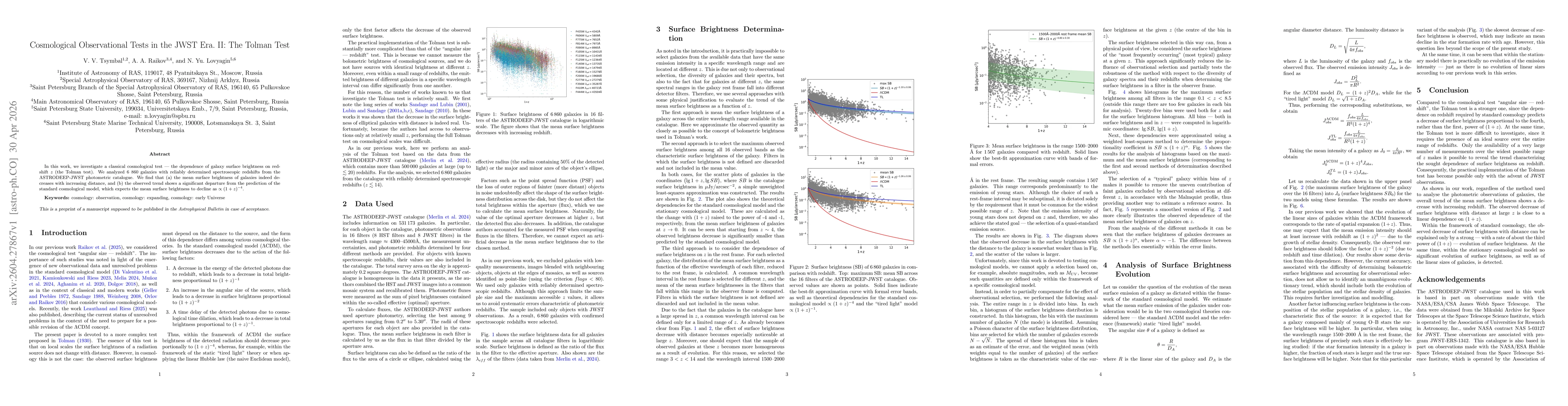 Thumbnail for Cosmological Observational Tests in the JWST Era. II: The Tolman Test