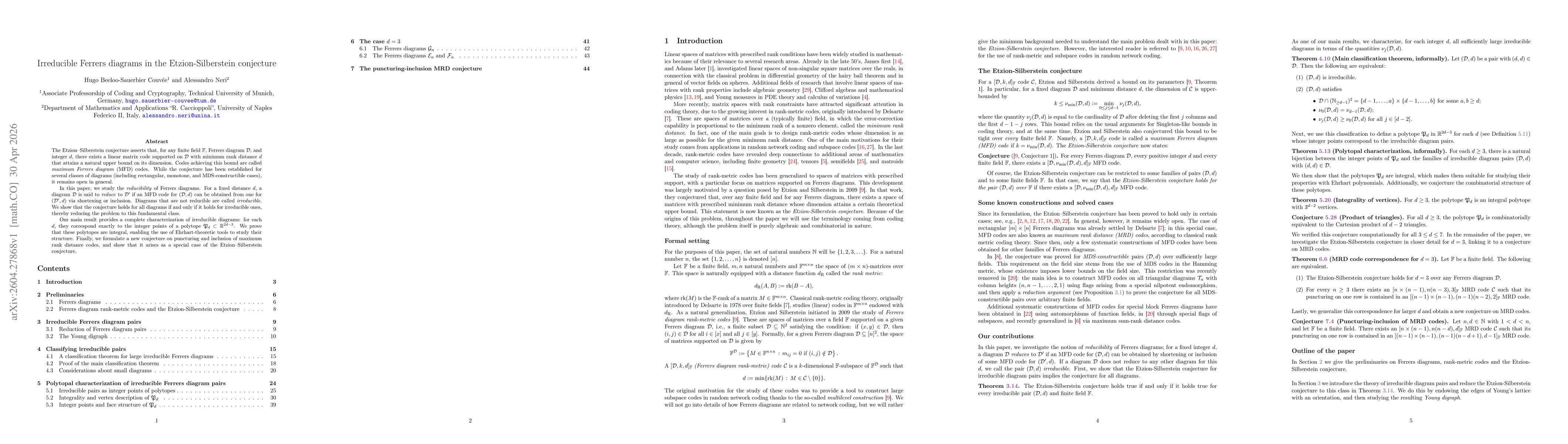 Thumbnail for Irreducible Ferrers diagrams in the Etzion-Silberstein conjecture