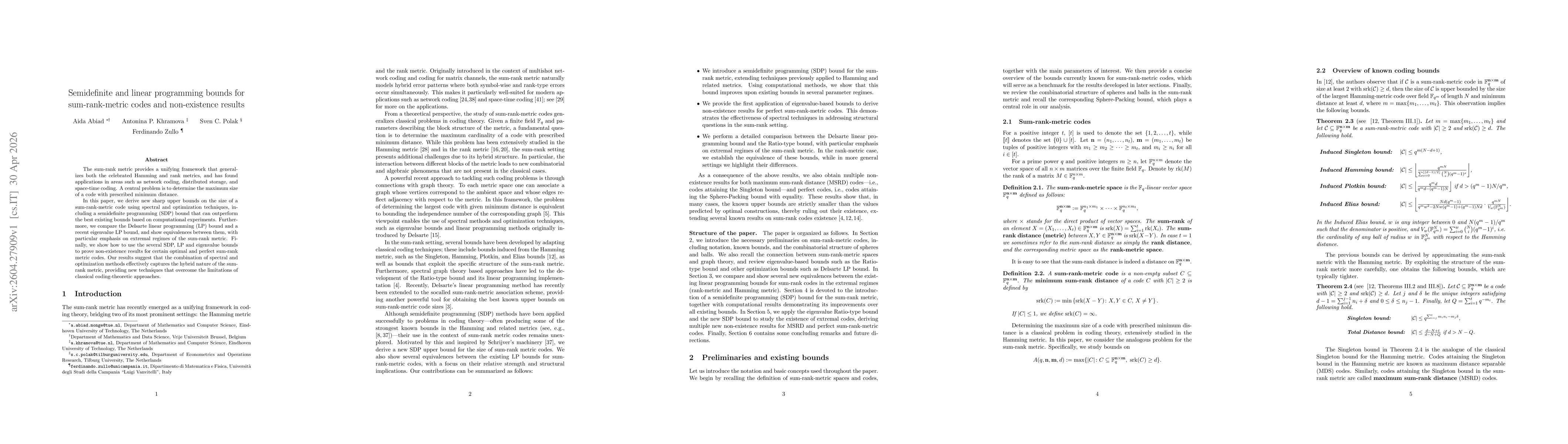 Thumbnail for Semidefinite and linear programming bounds for sum-rank-metric codes and non-existence results