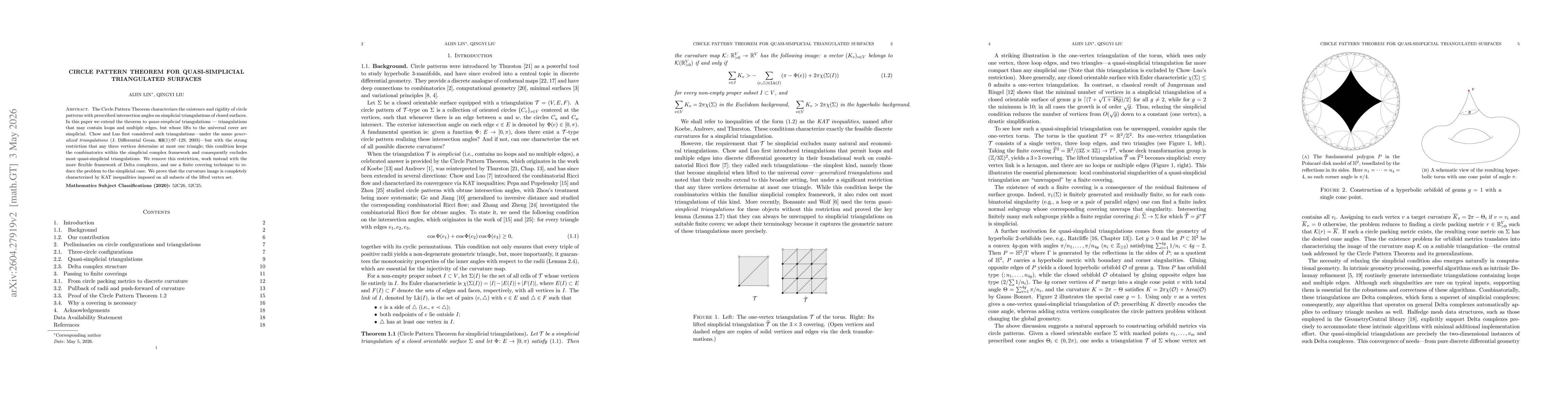 Thumbnail for Circle Pattern Theorem for Quasi-simplicial Triangulated Surfaces