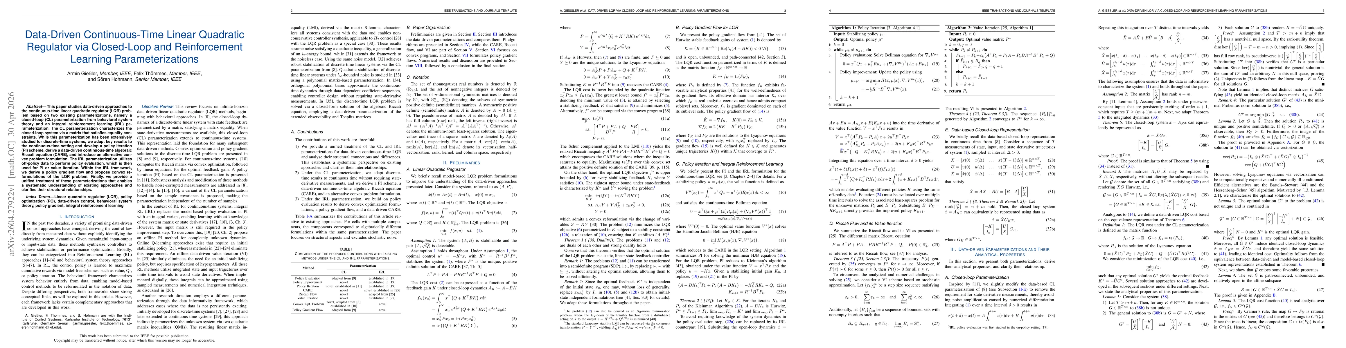Thumbnail for Data-Driven Continuous-Time Linear Quadratic Regulator via Closed-Loop and Reinforcement Learning Parameterizations