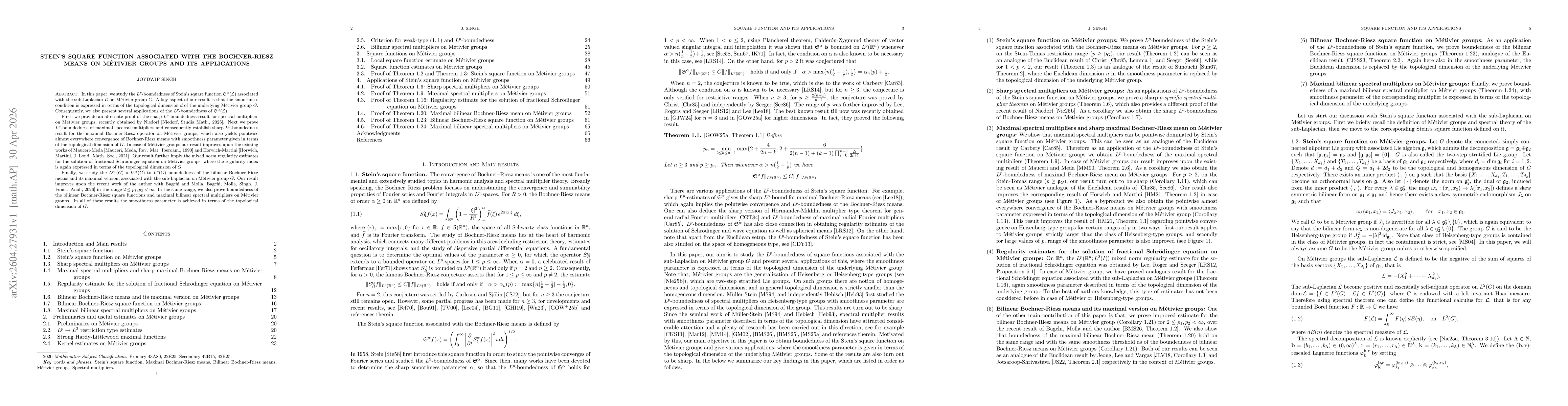 Thumbnail for Stein's square function associated with the Bochner-Riesz means on Métivier groups and its applications