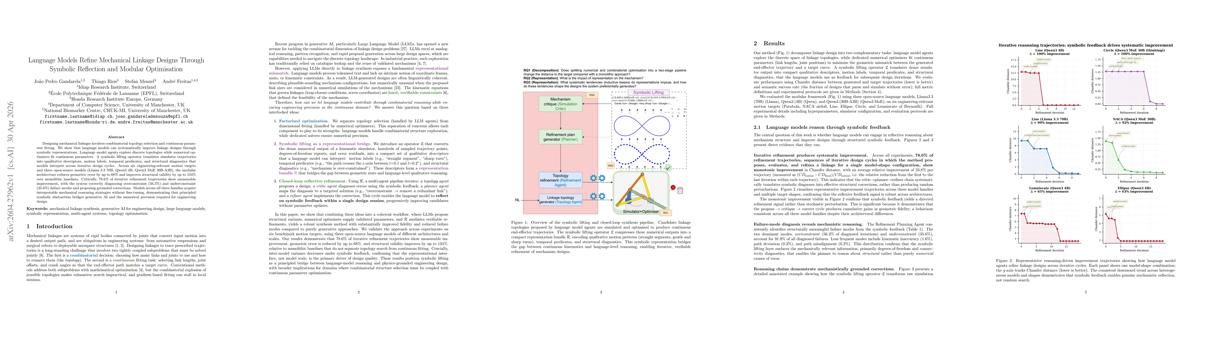 Thumbnail for Language Models Refine Mechanical Linkage Designs Through Symbolic Reflection and Modular Optimisation