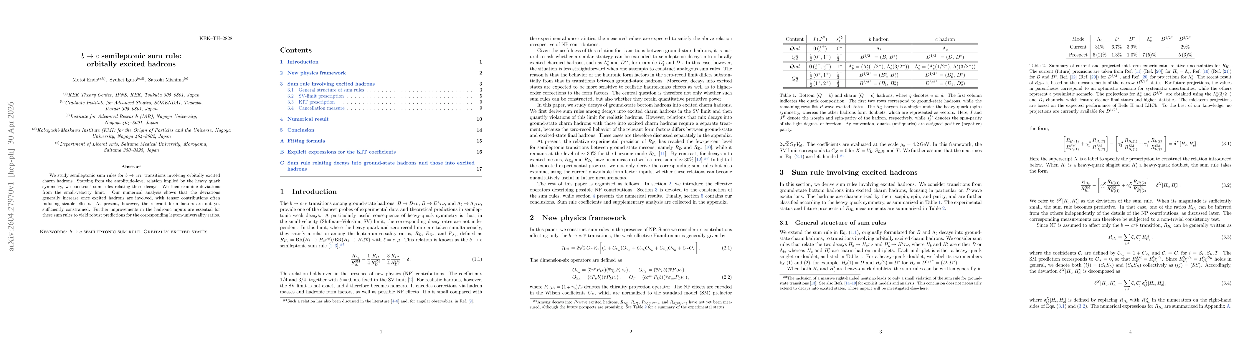 Thumbnail for $b \to c$ semileptonic sum rule: orbitally excited hadrons