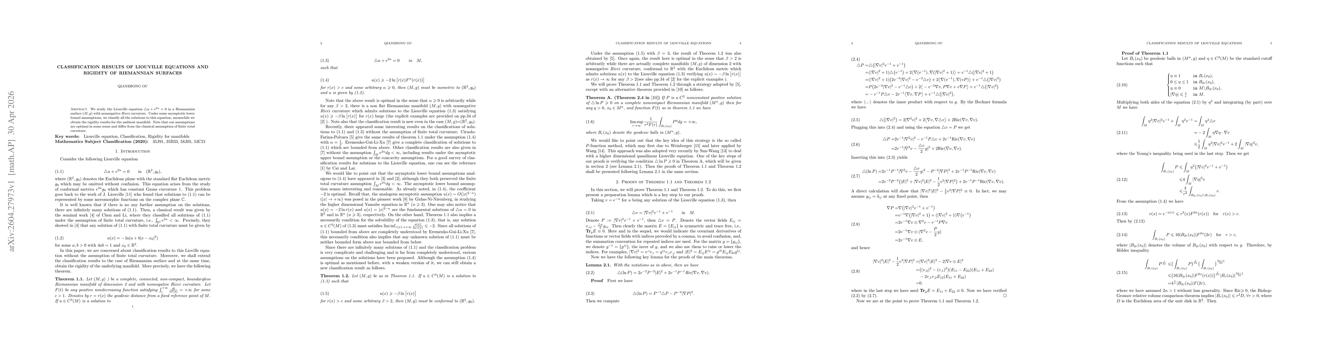 Thumbnail for Classification results of Liouville equations and rigidity of Riemannian surfaces