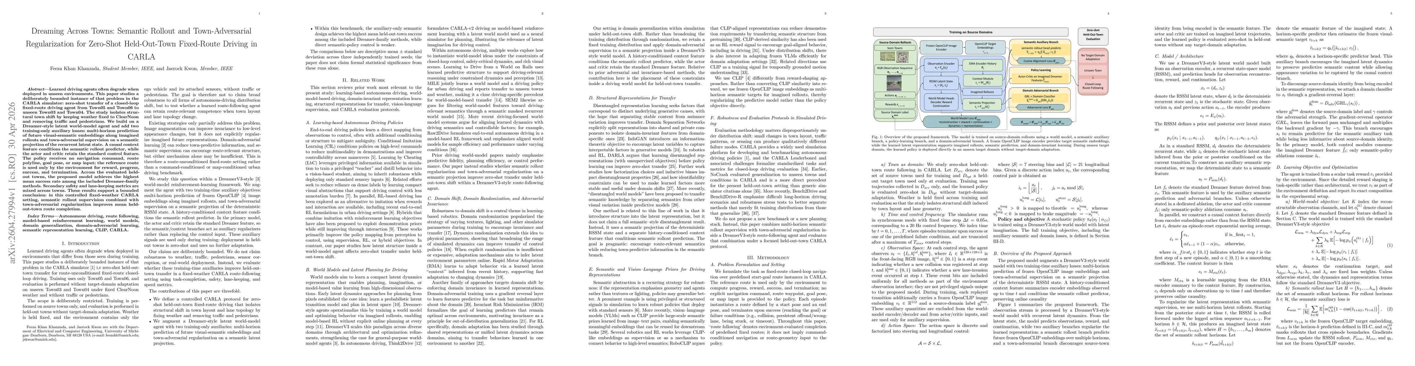 Thumbnail for Dreaming Across Towns: Semantic Rollout and Town-Adversarial Regularization for Zero-Shot Held-Out-Town Fixed-Route Driving in CARLA