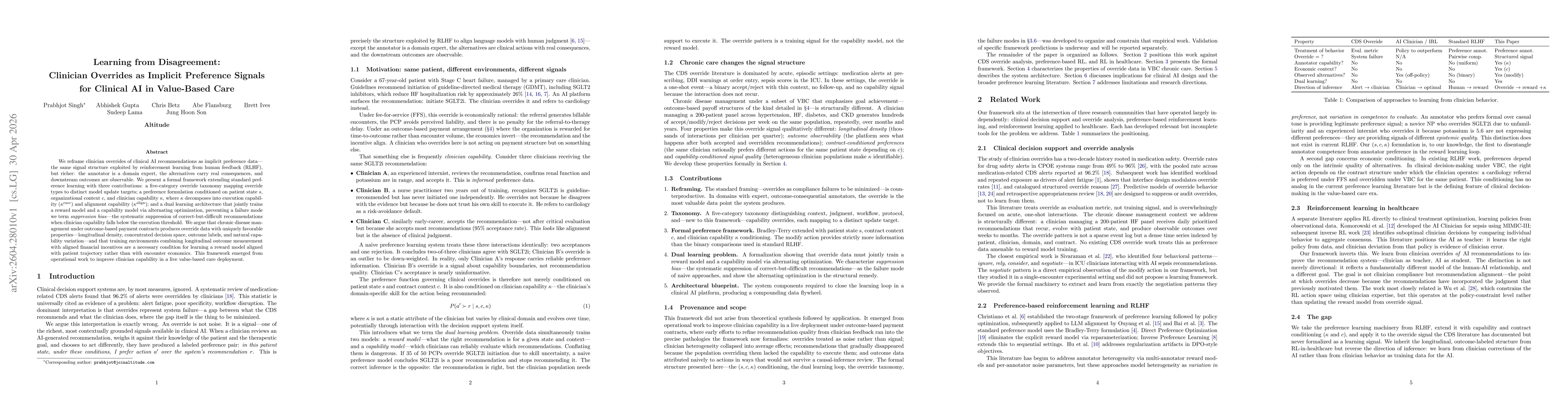 Thumbnail for Learning from Disagreement: Clinician Overrides as Implicit Preference Signals for Clinical AI in Value-Based Care