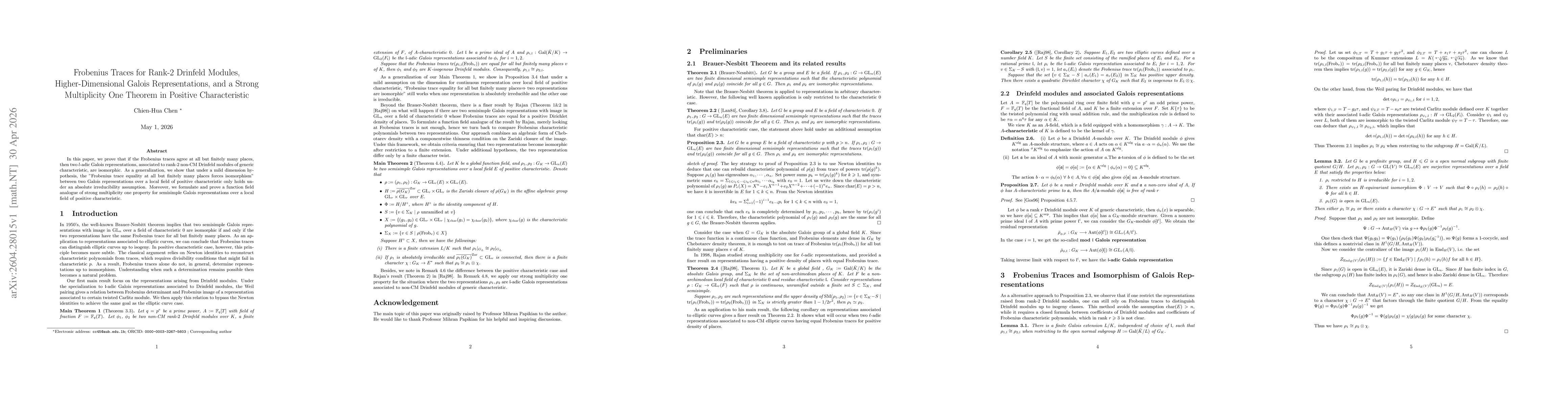 Thumbnail for Frobenius Traces for Rank-2 Drinfeld Modules, Higher-Dimensional Galois Representations, and a Strong Multiplicity One Theorem in Positive Characteristic