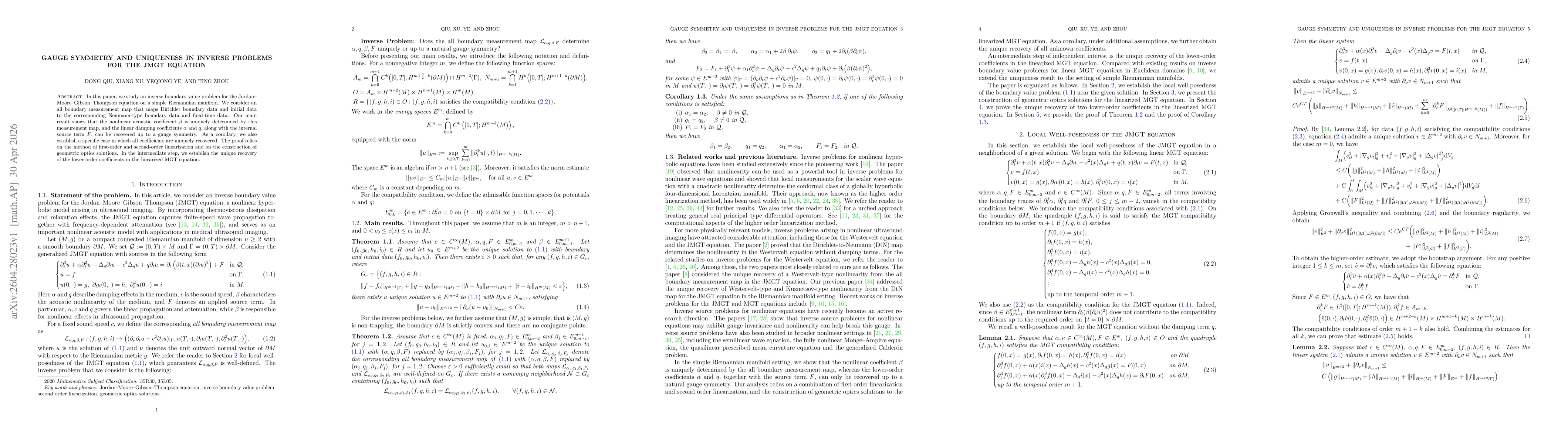 Thumbnail for Gauge symmetry and uniqueness in inverse problems for the JMGT equation