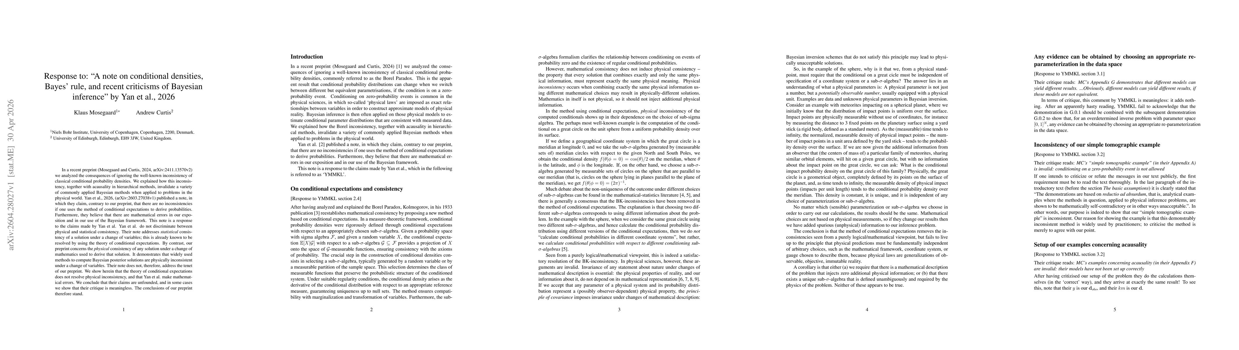 Thumbnail for Response to: "A note on conditional densities, Bayes' rule, and recent criticisms of Bayesian inference" by Yan et al., 2026