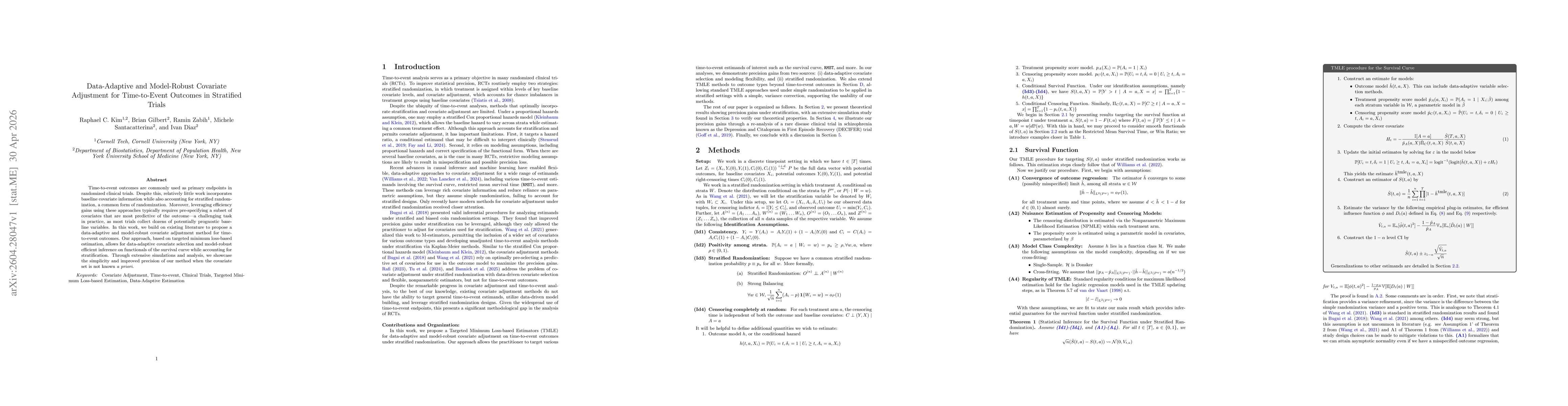 Thumbnail for Data-Adaptive and Model-Robust Covariate Adjustment for Time-to-Event Outcomes in Stratified Randomized Trials