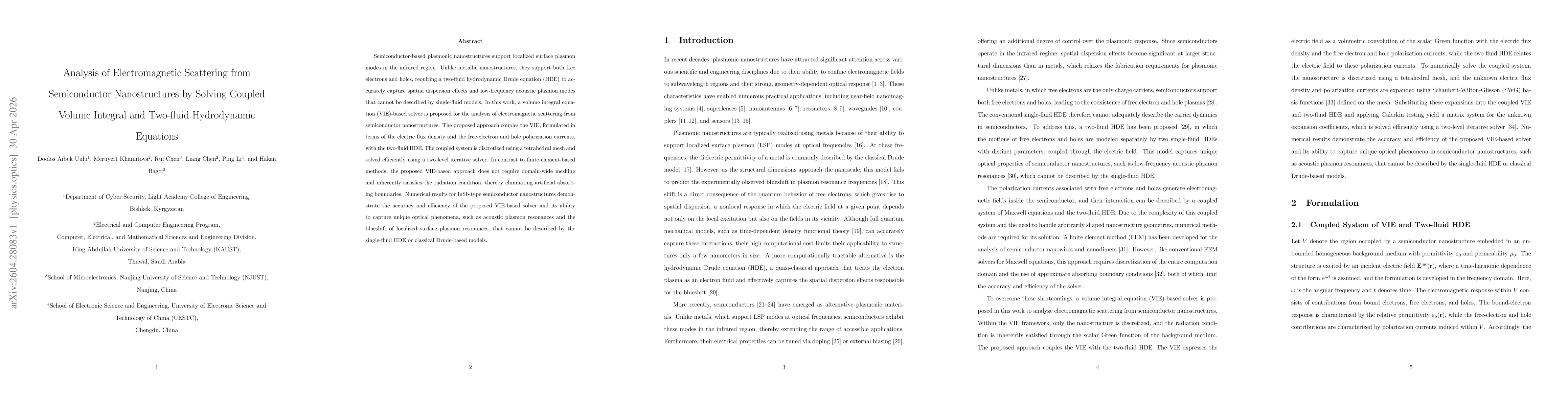 Thumbnail for Analysis of Electromagnetic Scattering from Semiconductor Nanostructures by Solving Coupled Volume Integral and Two-fluid Hydrodynamic Equations